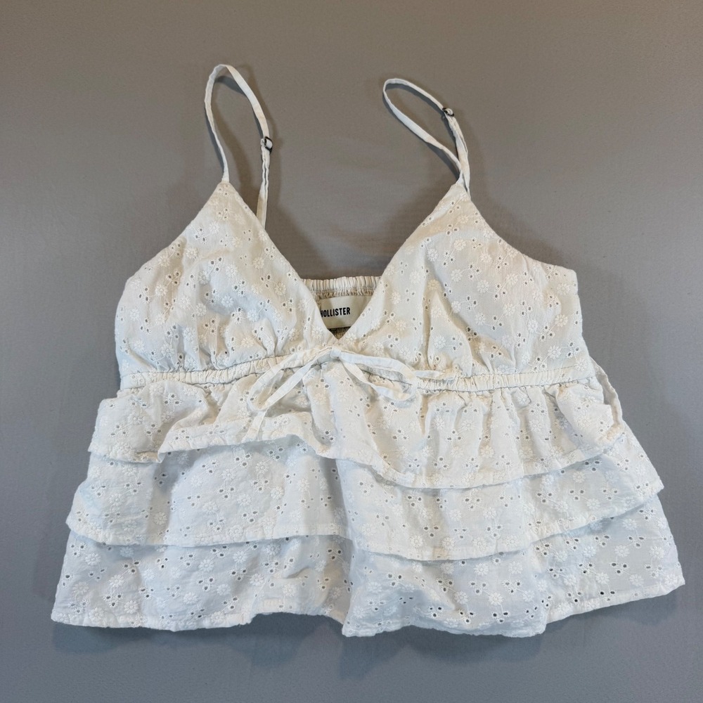 Hollister White Eyelet Ruffle Cami Top Smocked Medium Boho Cottagecore Festival